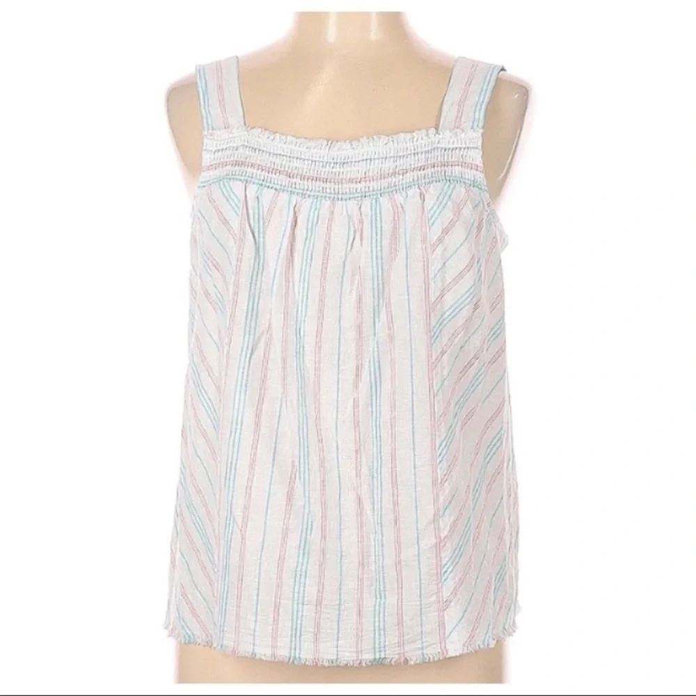 #2 Large Vince Camuto Sleeveless Smocked Edge Striped Tank Top Blouse Ocean Wave